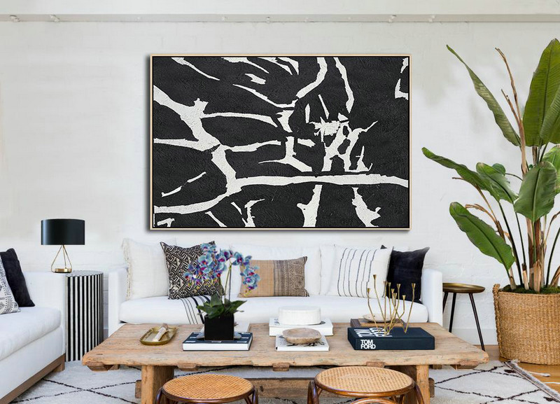 Acrylic Painting On Canvas,Oversized Horizontal Minimal Art On Canvas, Black And White Minimalist Painting - Big Canvas Painting